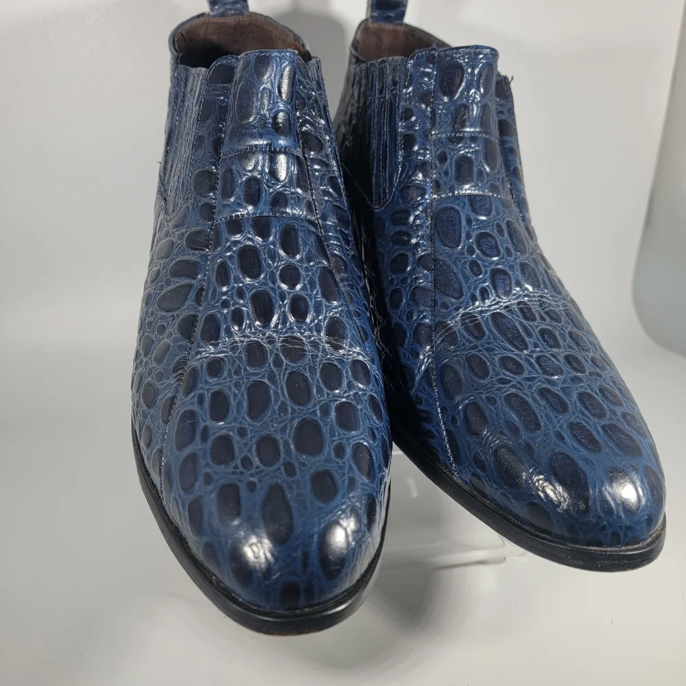 Stacy Adams Sandoval Navy Croco Print Leather Cuban Heeled Boots Men's Size 12W